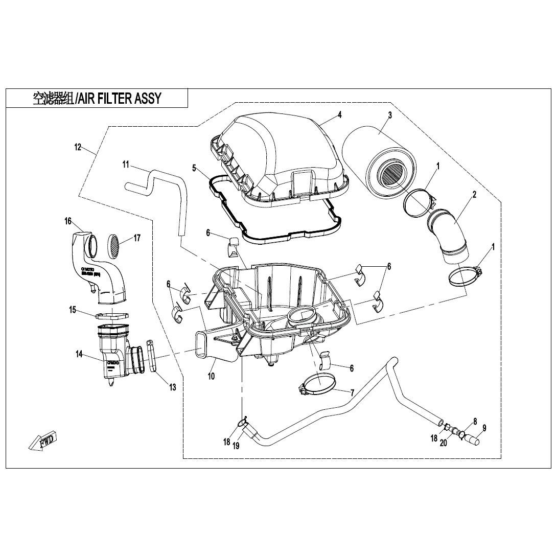 An Image of a genuine CFMOTO Parts Schematic Diagram showing the group - AIR FILTER ASSY. - 2020 CFMOTO CFORCE 800 XC