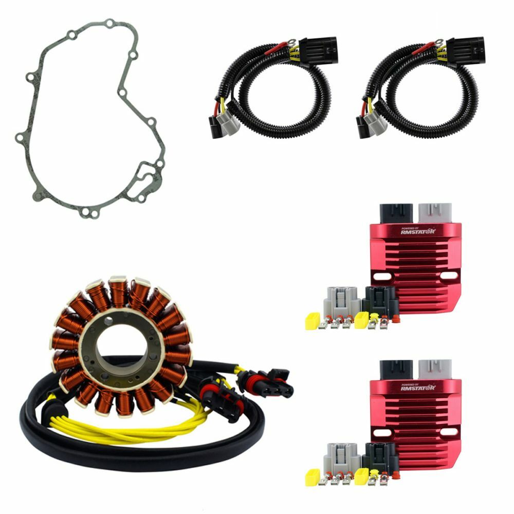 Copper coil stator with black wiring harness, green gasket, and two red aluminum regulator units with connectors and.