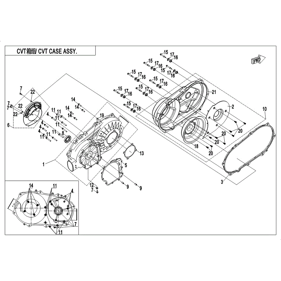 An Image of a Genuine CFMOTO Parts Schematic Diagram showing the schematic - CVT CASE ASSY. - 2019 CFMOTO UFORCE 500