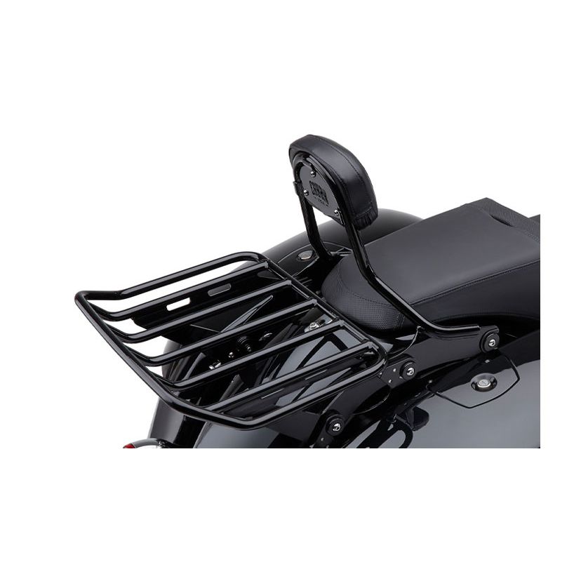 Detachable Big-Ass Luggage Rack, Black for Indian Chieftain 14-24 by Cobra features a padded passenger backrest and horizontal bars for securing cargo. Mounts easily behind the seat to your motorcycle using an Indian docking kit.