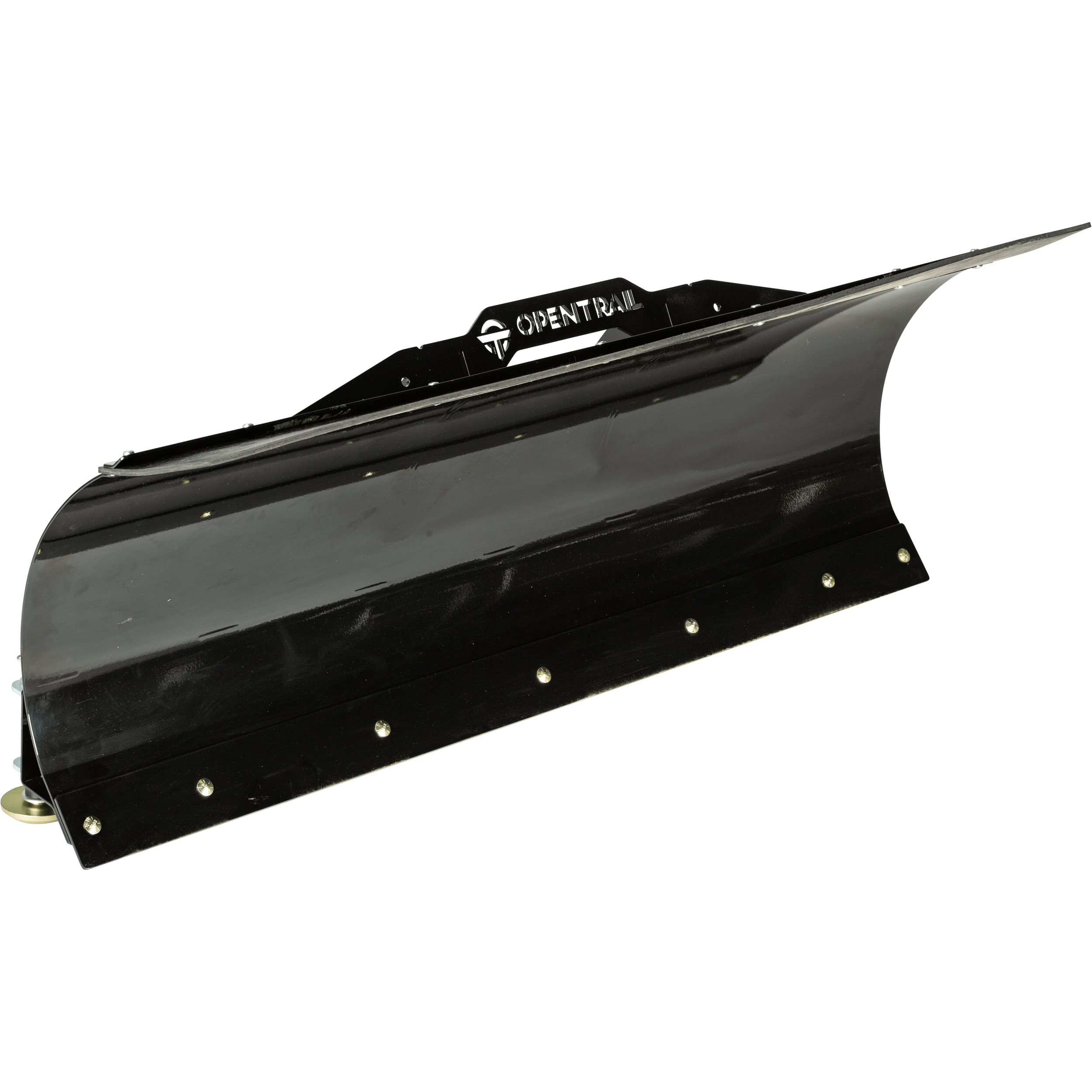 The 48 Straight Blade by Open Trail is a large, black, powder-coated metal snow plow with a curved design, bolt row along the edge, labeled on the top bracket, and adjustable skids for versatile performance.