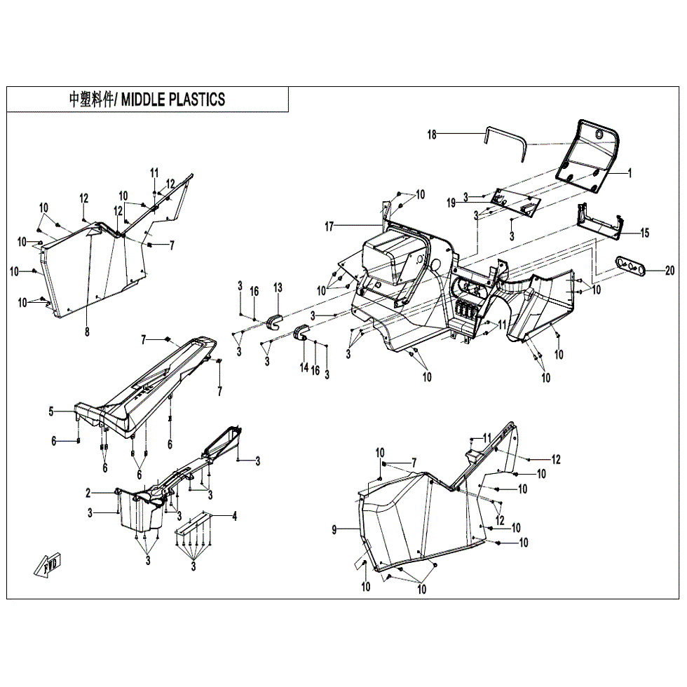 An Image of a Genuine CFMOTO Parts Schematic Diagram showing the schematic - MIDDLE PLASTIC - 2022 CFMOTO ZFORCE 950 Sport