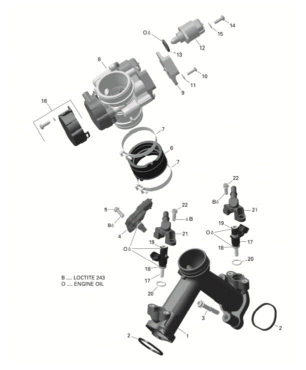An Image of a Genuine Can-Am Parts Schematic Diagram showing the schematic - ROTAX - AIR INTAKE MANIFOLD AND THROTTLE BODY