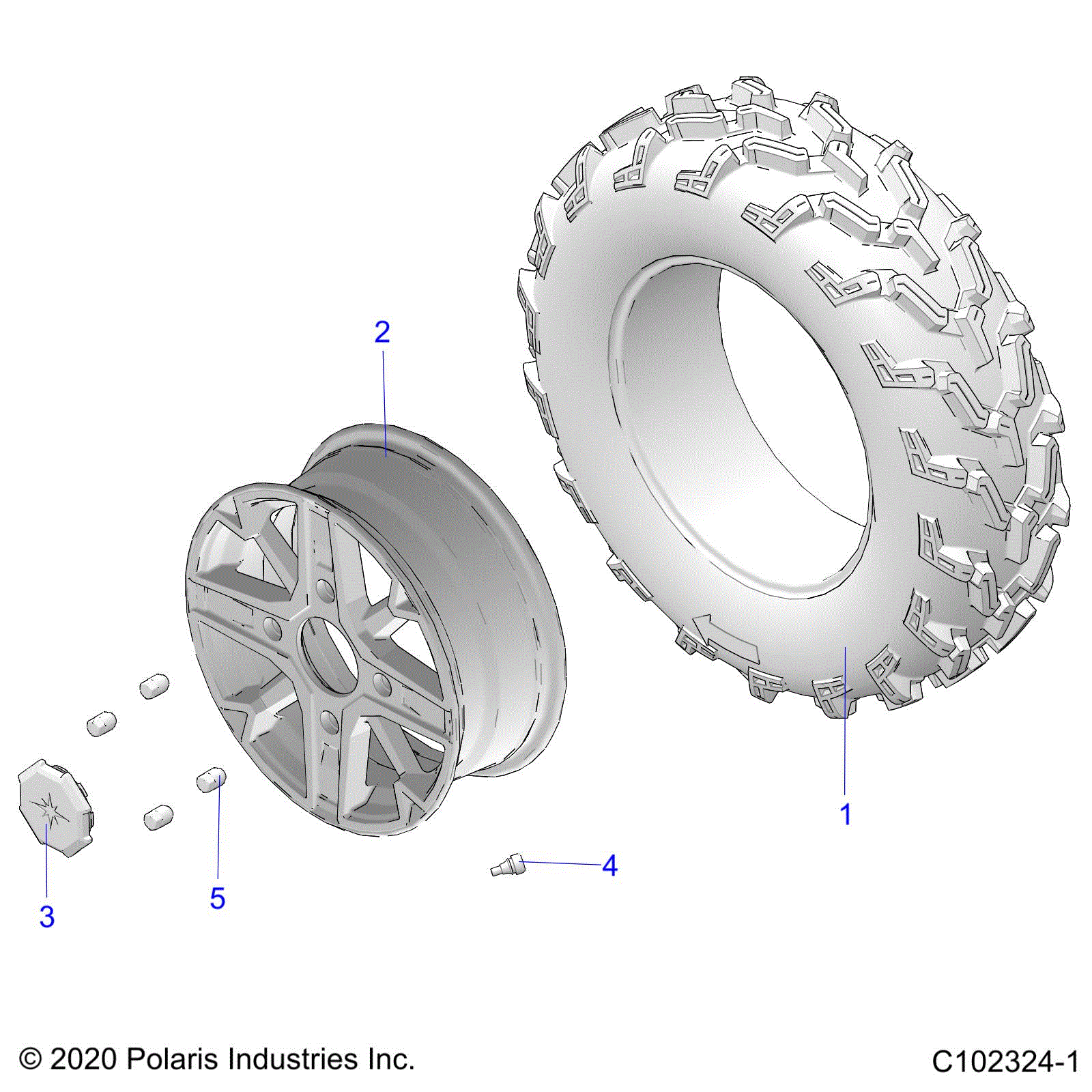 An Image of a Genuine Polaris Parts Schematic Diagram showing the schematic - WHEELS: FRONT - 2022 POLARIS SPORTSMAN XP 1000 HUNTER EDITION