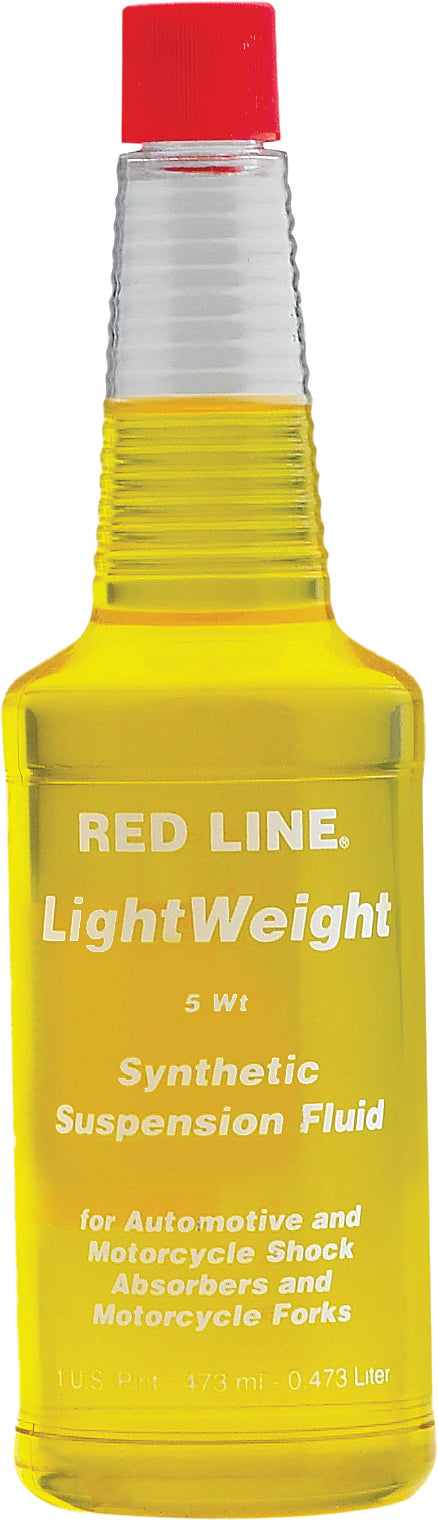 A clear plastic bottle of Red Line Synthetic Suspension Fluid 5W 16Oz with yellow fluid and a red cap—premium shock oil with anti-wear additives for automotive and motorcycle shocks and forks.