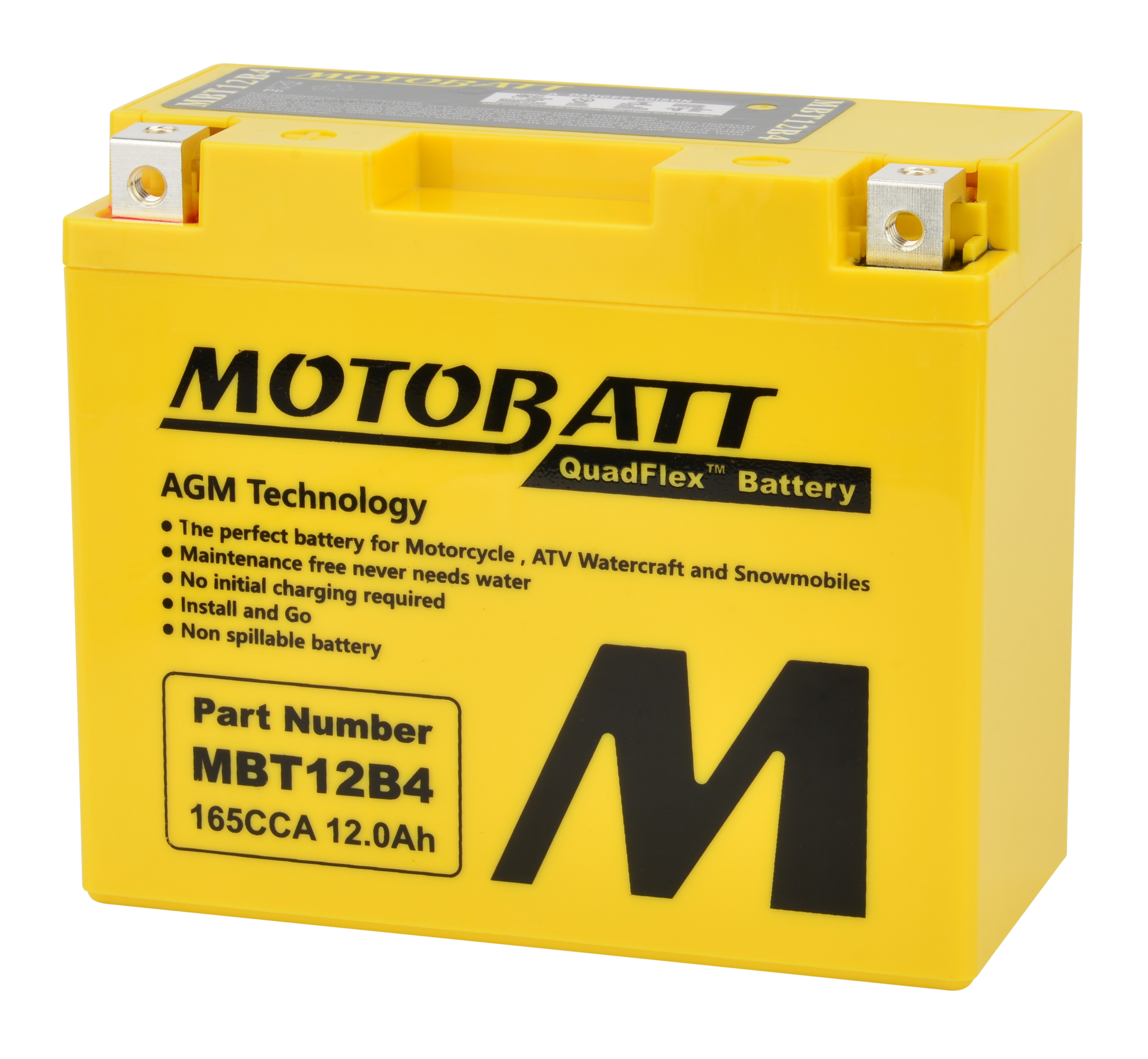 The Mbt12B4 Sealed Factory Activated AGM Battery by MotoBatt is a yellow, maintenance-free 165CCA 12.0Ah battery for motorcycles, ATVs, watercraft, and snowmobiles, offering superior starting power and clearly labeled specs.