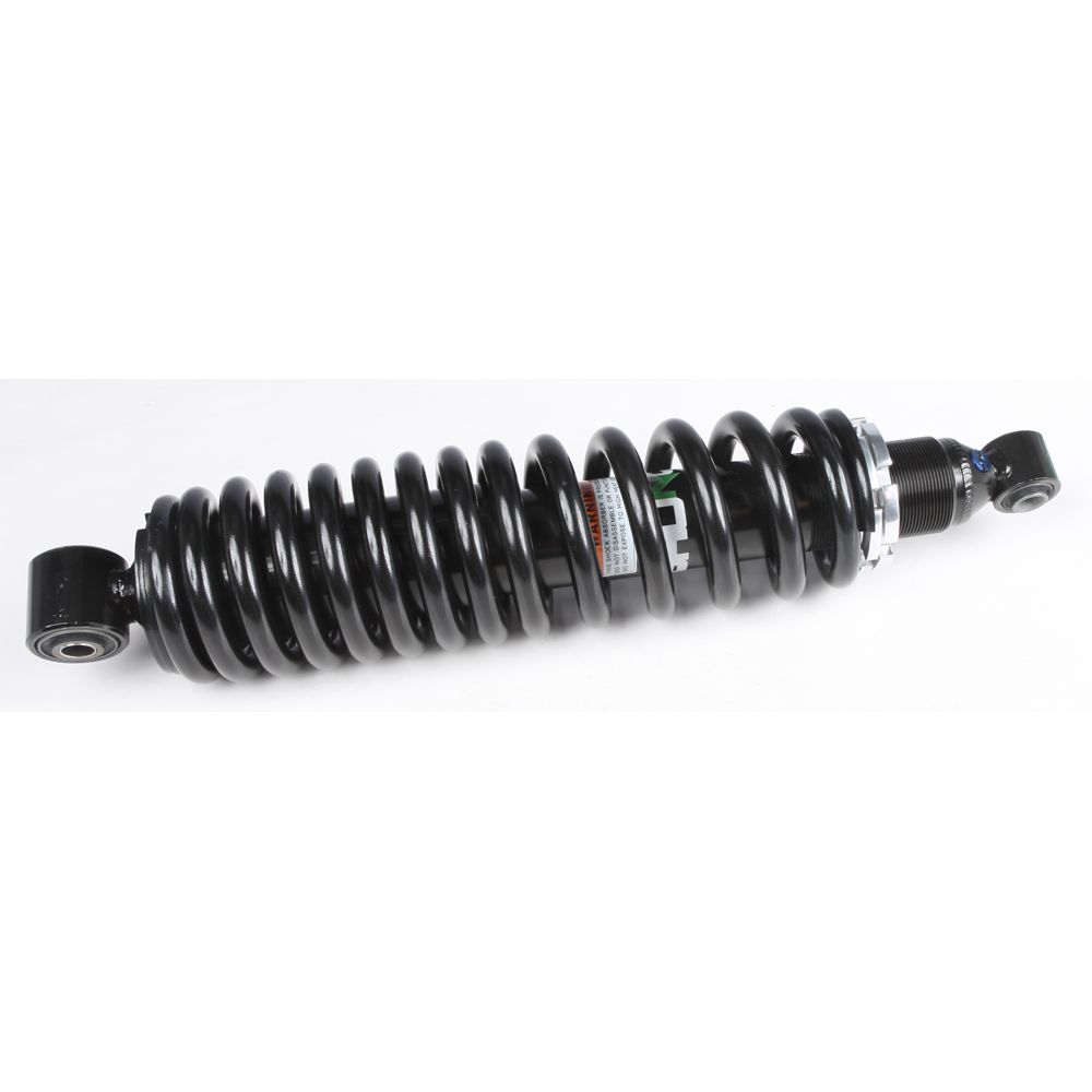 A black Honda Rhino 700 UTV/ATV Rear Gas Shock by Bronco with a metal spring and mounting points at both ends, photographed on a white background—available at Witchdoctors.com.