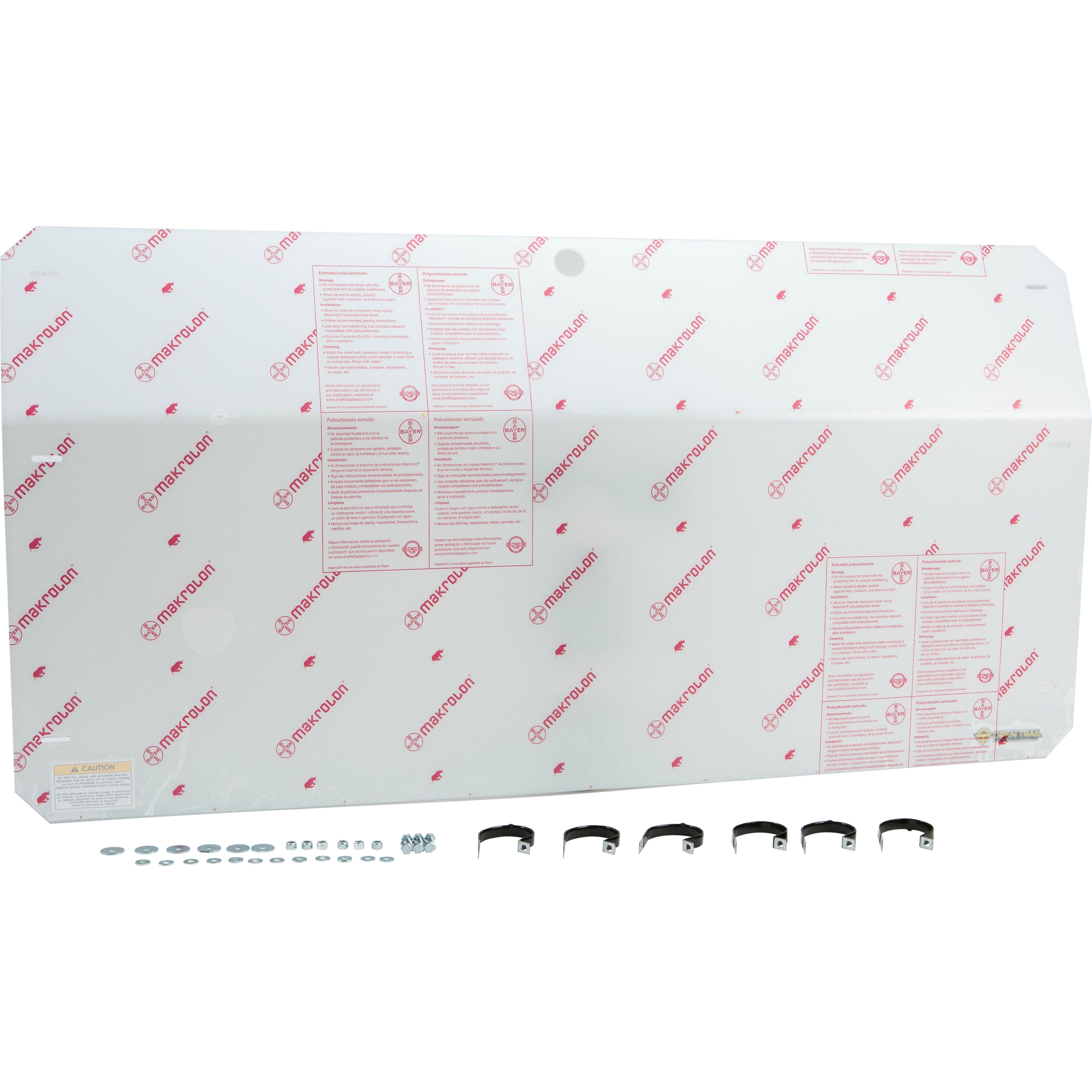 The Polaris Mid Size Full Rear Windshield by Open Trail is a large white Marolon polycarbonate sheet for strong protection, with attached instructions, small hardware pieces, and black brackets set in front.