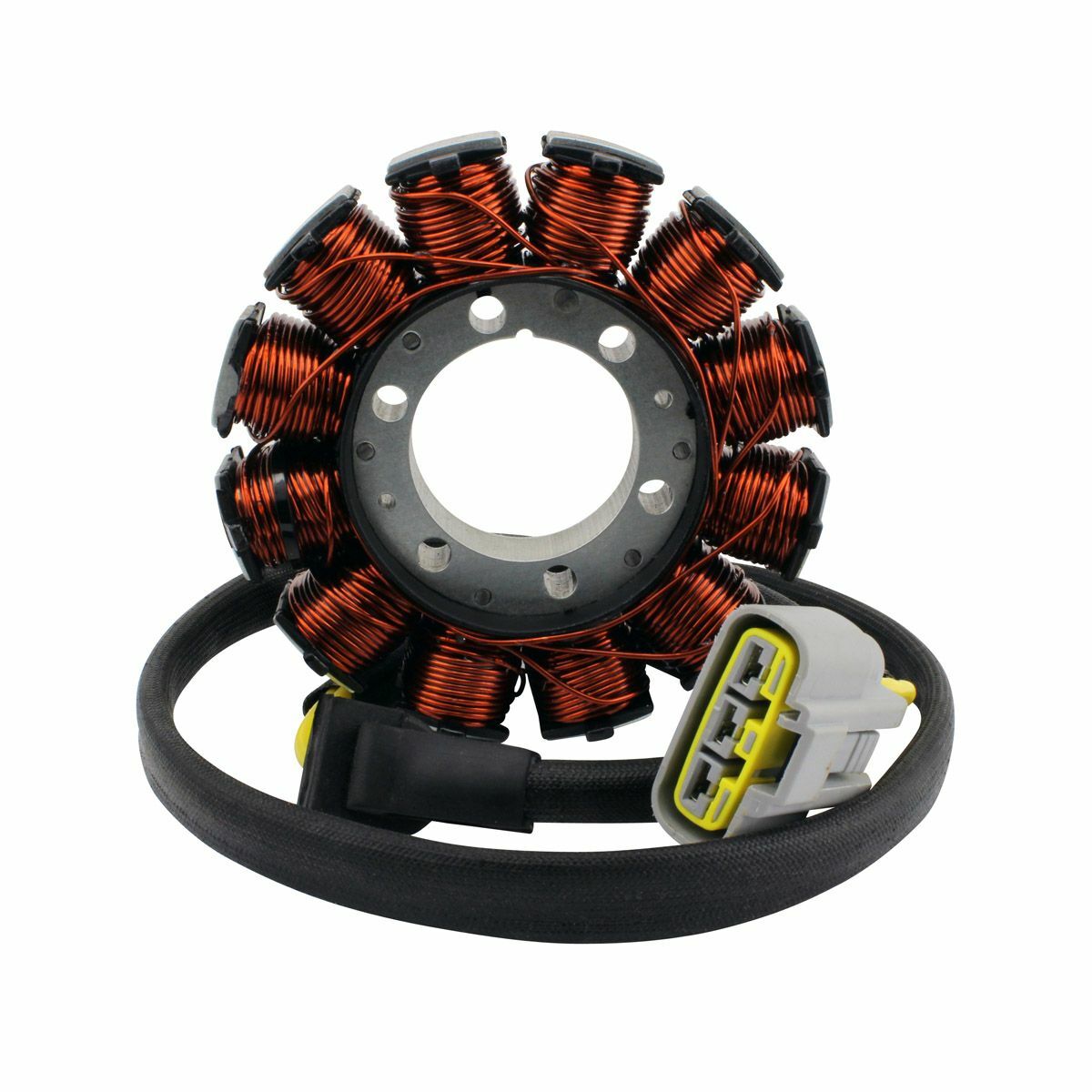 Round stator coil with copper wire winding, black central hub, and attached black cable with gray connector.