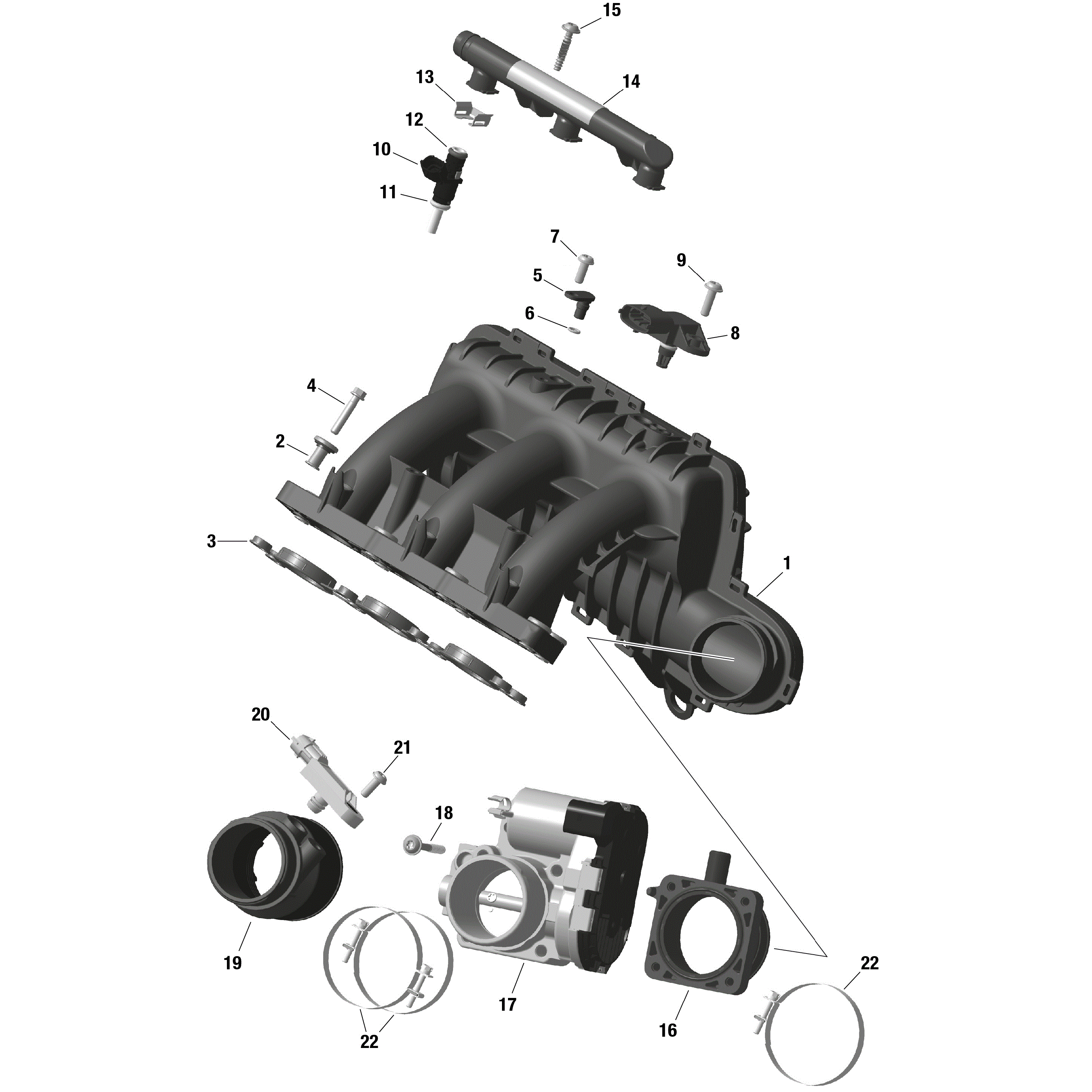 An Image of a Genuine Can-Am Parts Schematic Diagram showing the schematic - ROTAX - AIR INTAKE MANIFOLD AND THROTTLE BODY