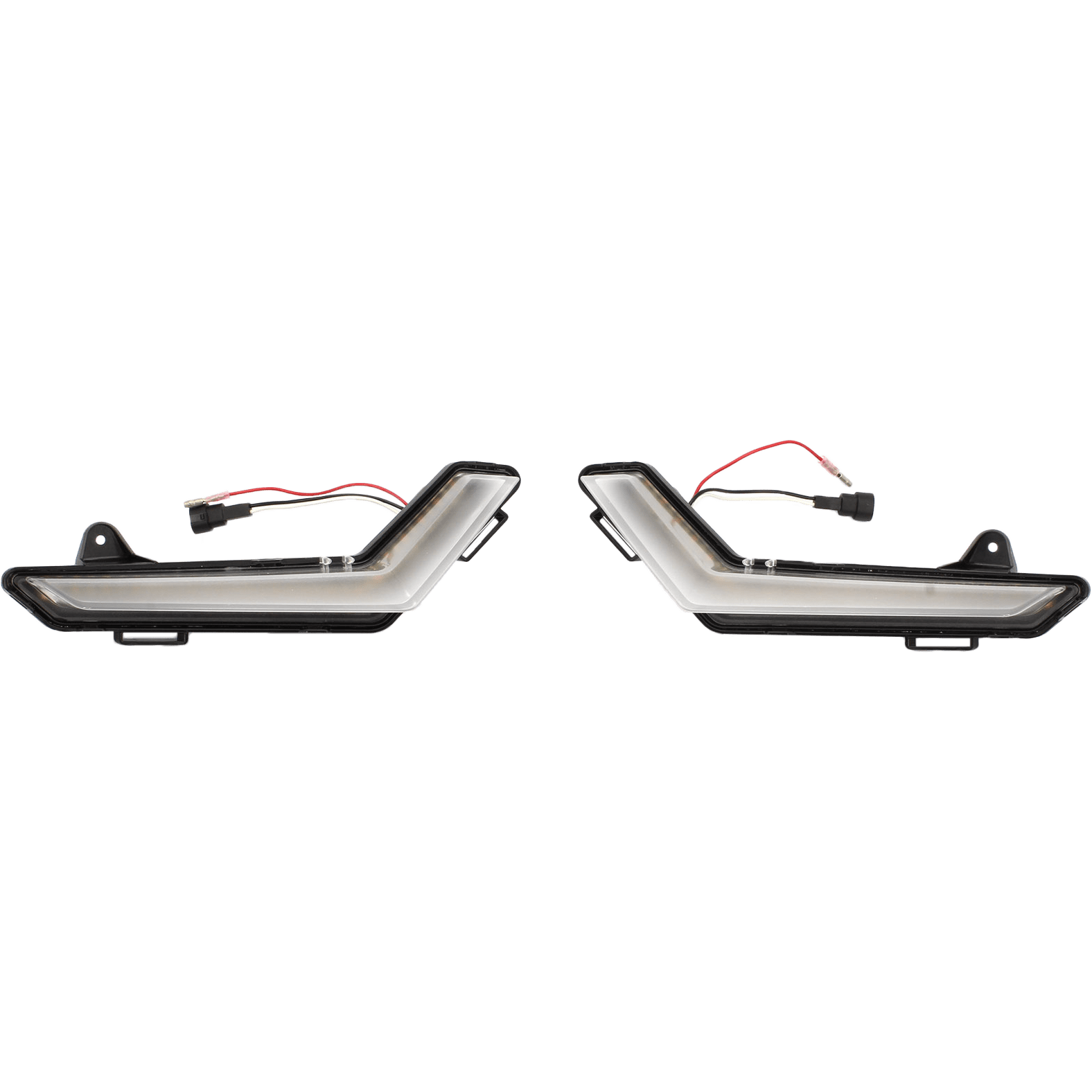 Two Front Signature Light Can lights by XTC Power, featuring black casings, clear covers, L-shaped designs, and attached wiring with connectors, are shown facing each other on a white background.