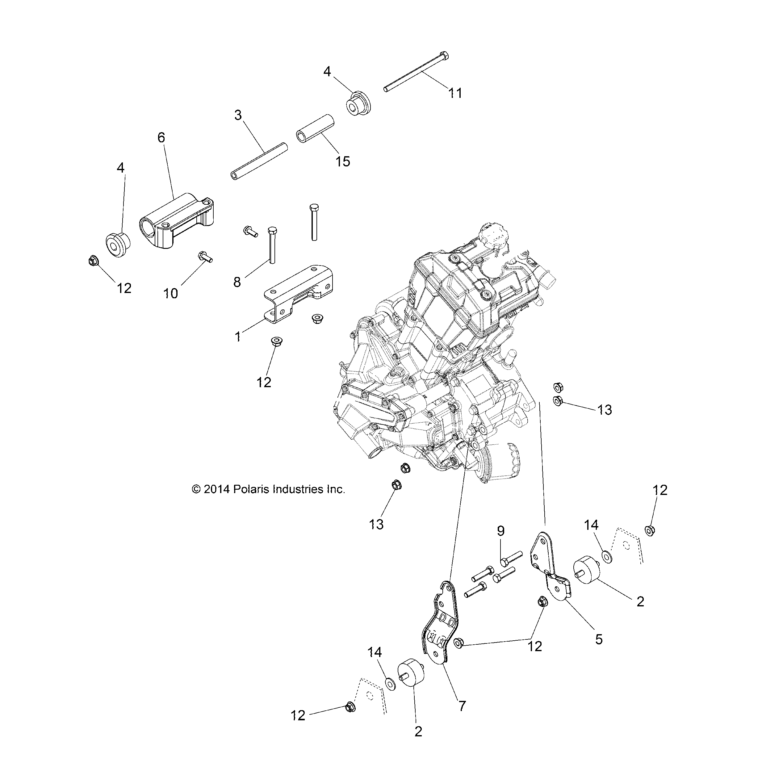 An Image of a Genuine Polaris Parts Schematic Diagram showing the schematic - ENGINE: MOUNTING & LONG BLOCK - 2017 POLARIS SPORTSMAN 570 6X6