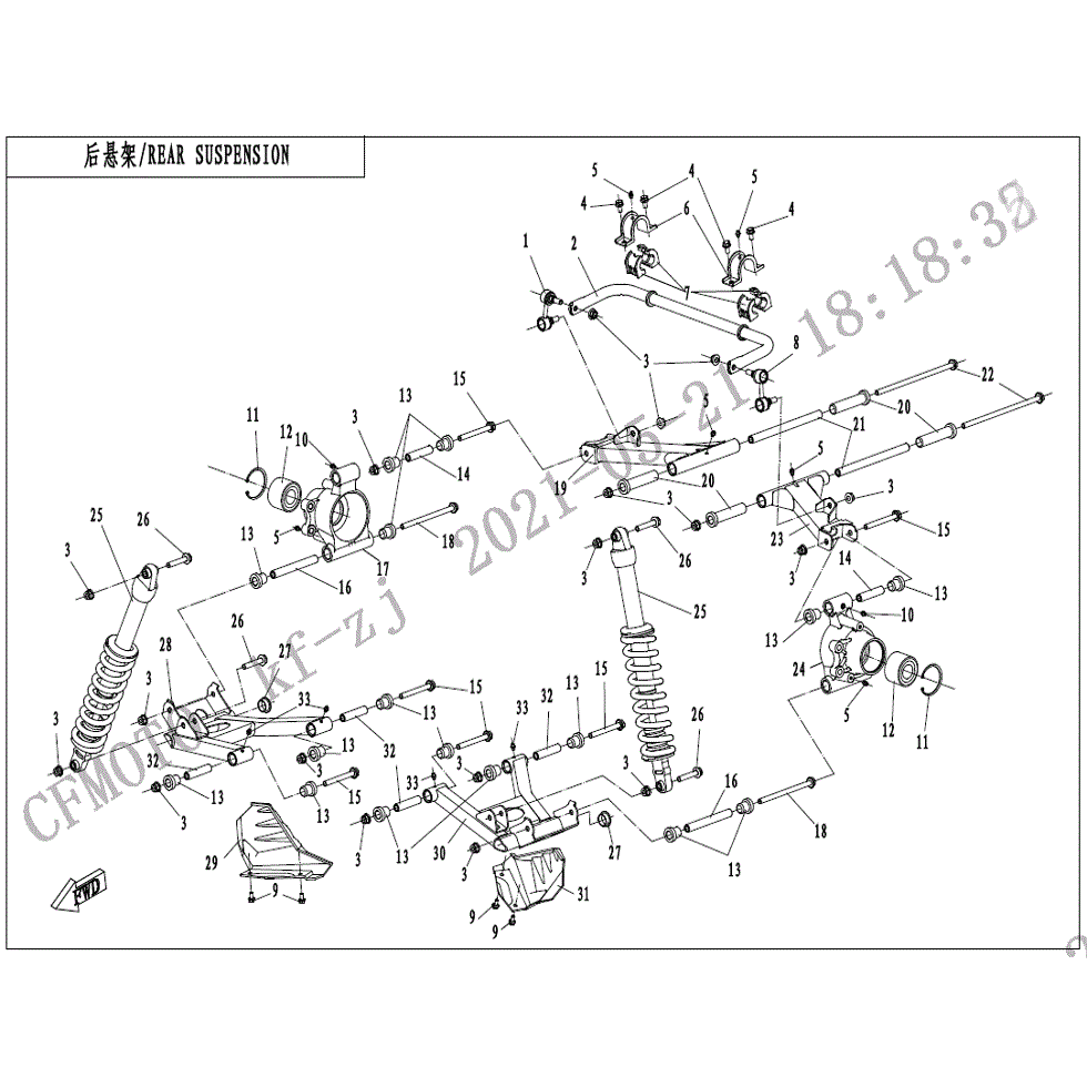 An Image of a Genuine CFMOTO Parts Schematic Diagram showing the schematic - REAR SUSPENSION - 2022 CFMOTO ZFORCE 800 Trail
