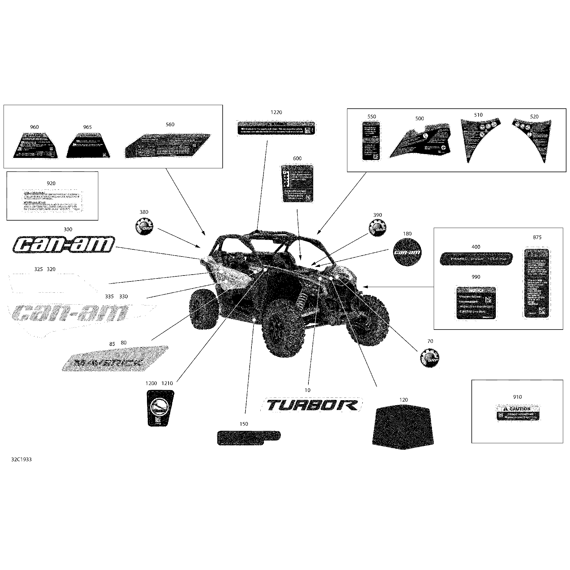An Image of a Genuine Can-Am Parts Schematic Diagram showing the schematic - DECALS - TURBO R - PACKAGE STD - NORTH AMERICA