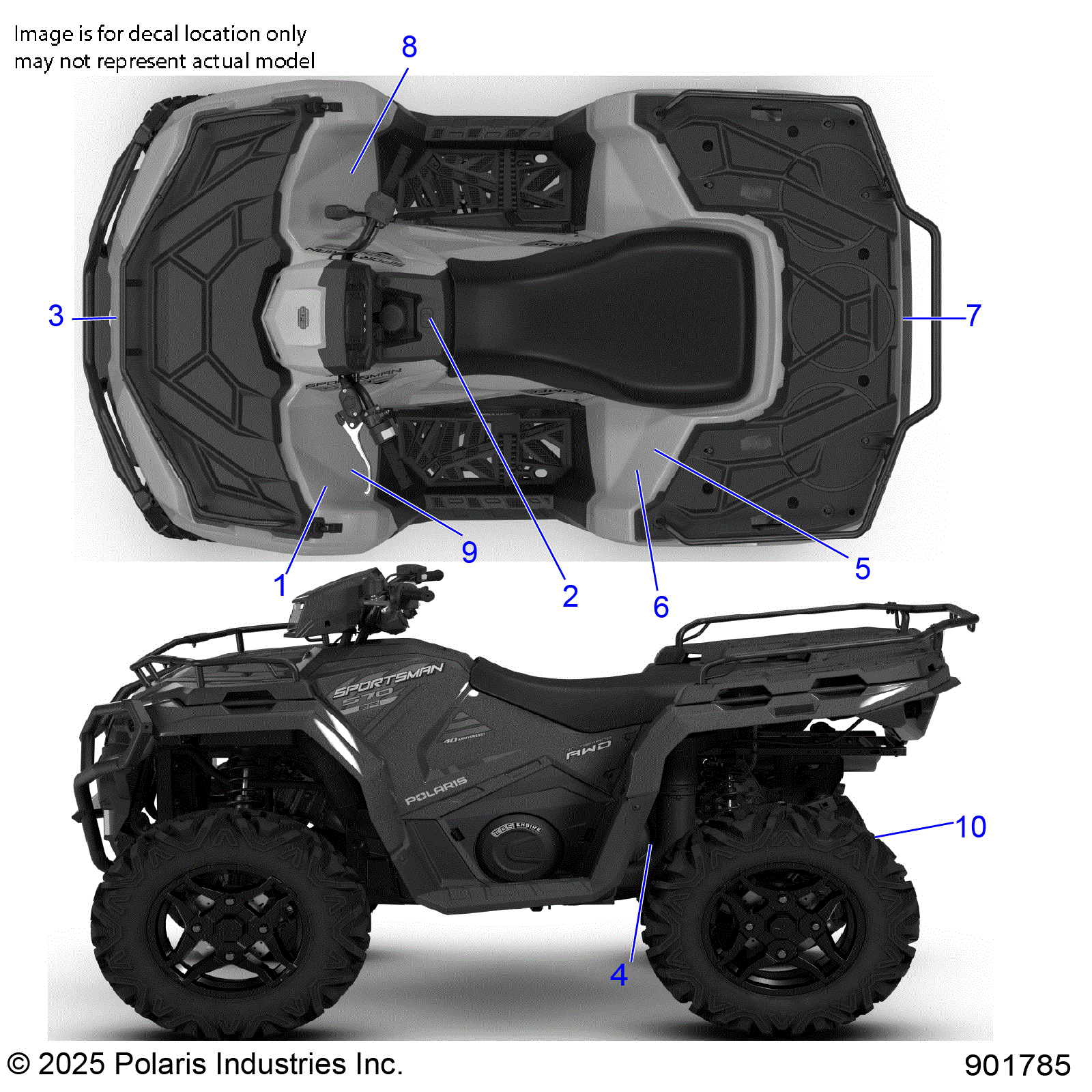An Image of a Genuine Polaris Parts Schematic Diagram showing the schematic - BODY: DECALS STANDARD - 2026 POLARIS SPORTSMAN 570 EPS PREMIUM