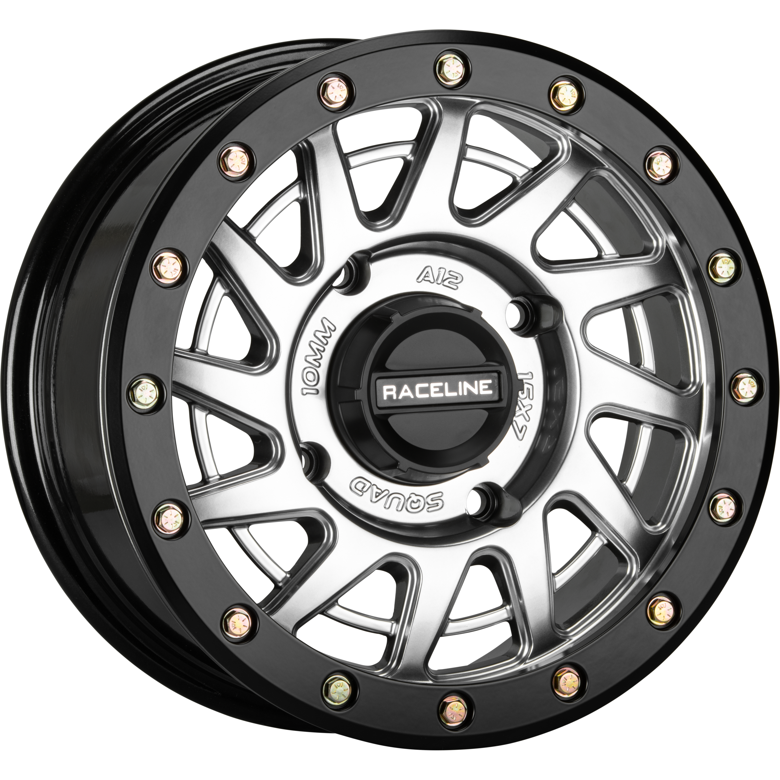 The ATV / UTV Squad Beadlock Wheel 15X7 4/156 6+1(+38mm) Hyper Silver by Raceline features a black and silver alloy look with colored rim bolts, “RACELINE” center cap, engraved details like “10MM” and “SQUAD,” and durable A356 aluminum construction.