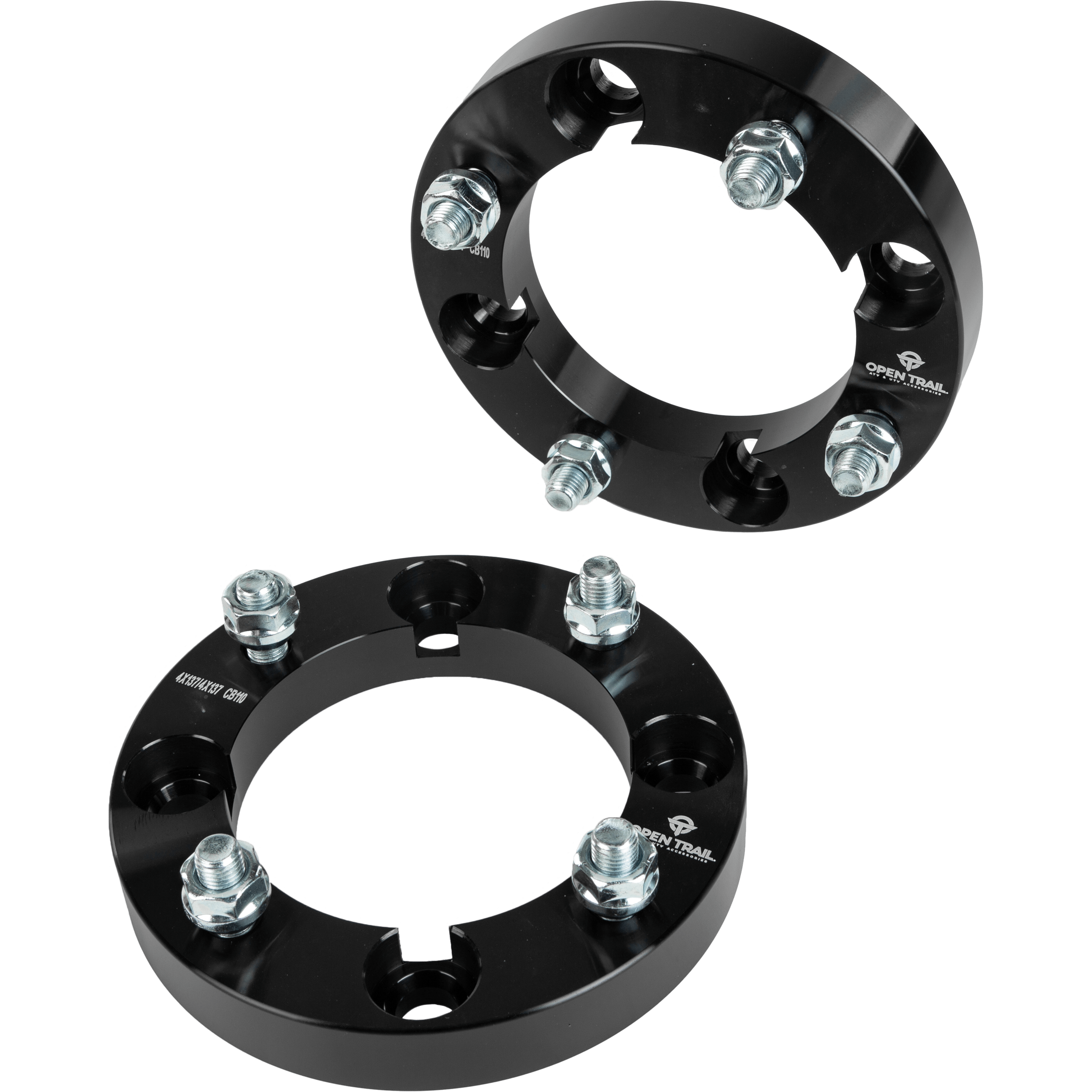 A pair of black Open Trail Wheel Spacer 1 4/137 Stud: 12Mm x 1.5Mm, made from durable aluminum alloy, are shown with bolts and five bolt holes, offering enhanced traction and stability against a white background.