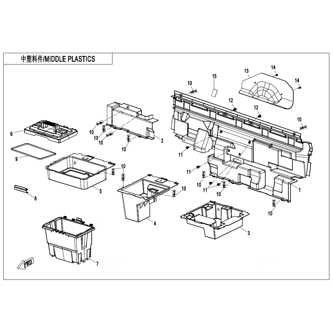 An Image of a Genuine CFMOTO Parts Schematic Diagram showing the schematic - MIDDLE PLASTICS - 2023 CFMOTO UFORCE 1000
