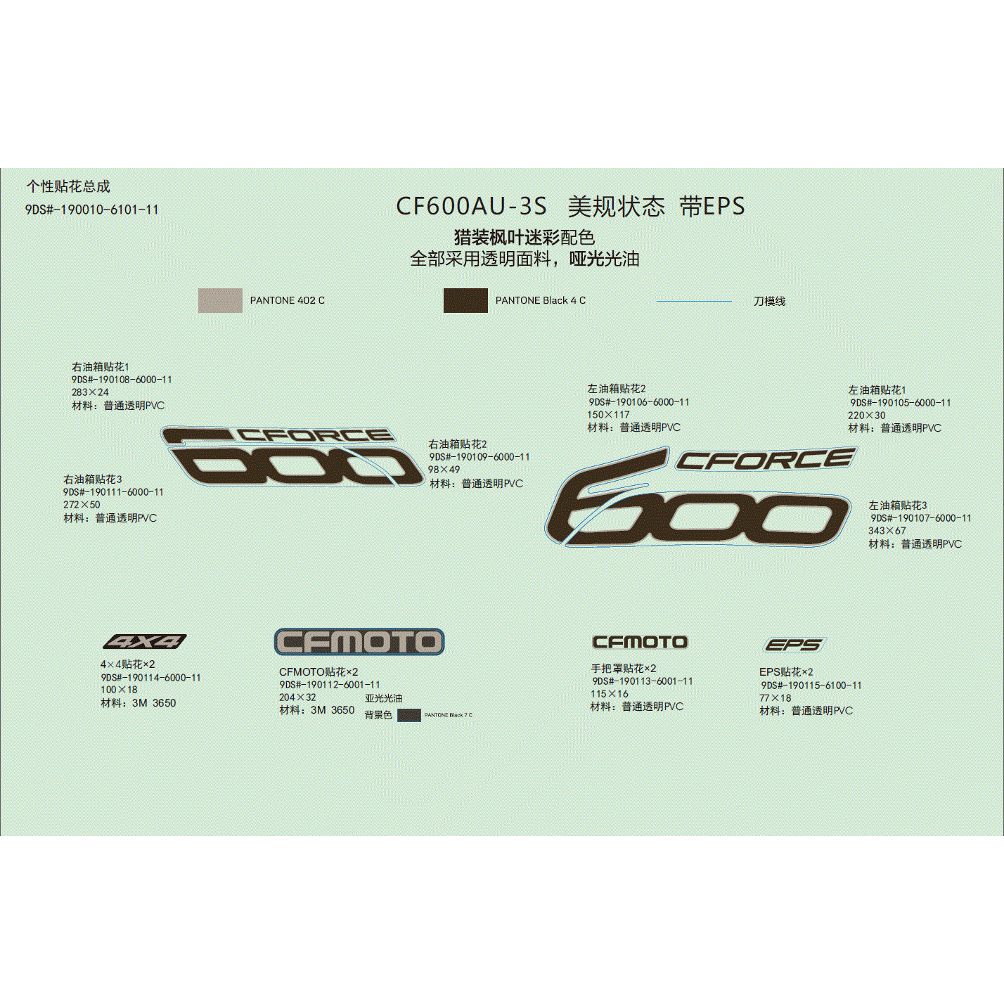 An Image of a genuine CFMOTO Parts Schematic Diagram showing the group - DECAL KITS (NA - 2020 CFMOTO CFORCE 600