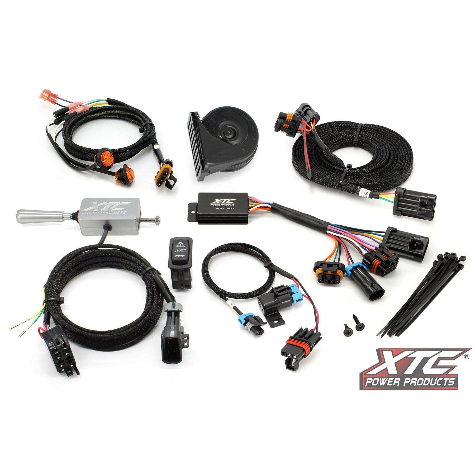 The Auto Turn Signal Kit W/Billet Column Lever by XTC Power is displayed on a white background, including cables, connectors, a horn, switches with billet lever, control box, zip ties, and branded labels.