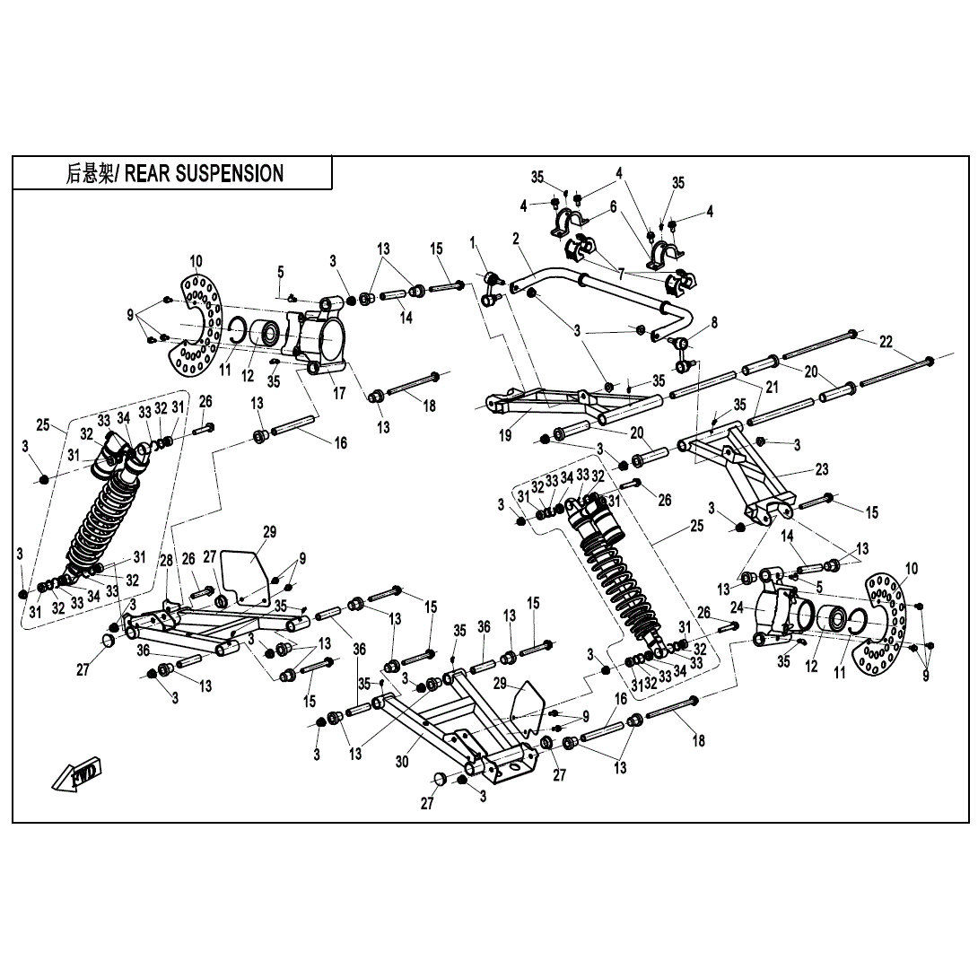 An Image of a Genuine CFMOTO Parts Schematic Diagram showing the schematic - REAR SUSPENSION - 2020 CFMOTO ZFORCE 800 EX