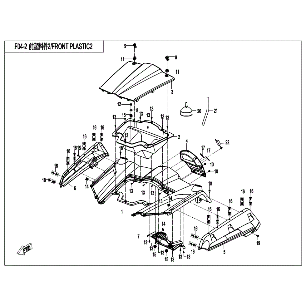 An Image of a Genuine CFMOTO Parts Schematic Diagram showing the schematic - FRONT PLASTICS (2) - 2022 CFMOTO ZFORCE 800 Trail