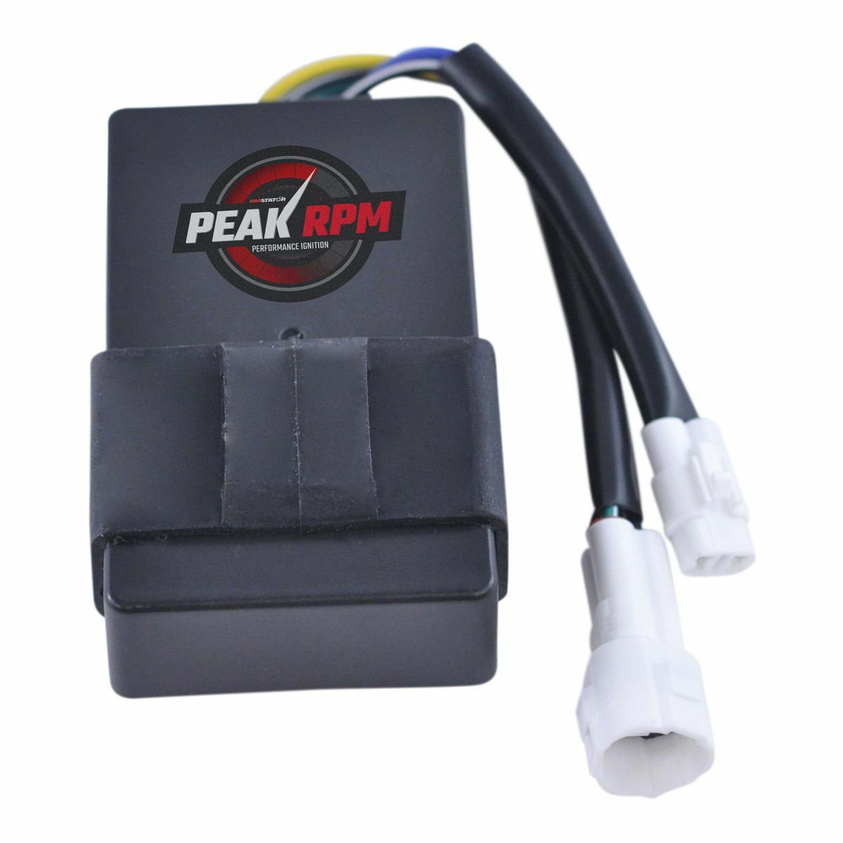 Black rectangular CDI box with Peak RPM logo, attached black cable, and white connectors.