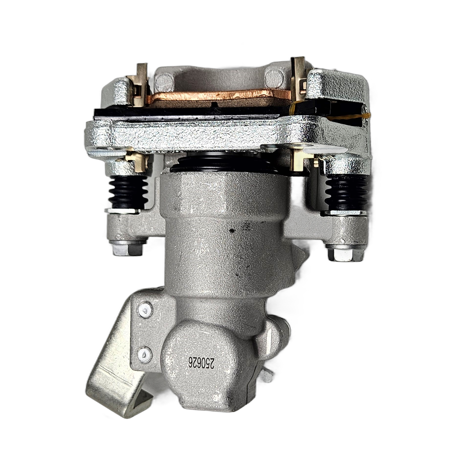 Gray metal rear brake caliper with visible brake pads and mounting hardware for left side installation.