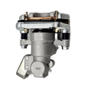 Gray metal rear brake caliper with visible brake pads and mounting hardware for left side installation.