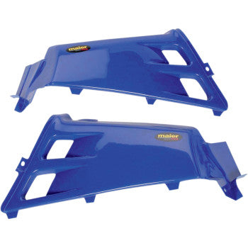 Dark blue glossy plastic Yamaha Banshee gas tank covers with vent cutouts and Maier logo decals.