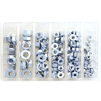 The Nut Assortment Flange by Bolt is a plastic organizer box with six compartments, each containing different sizes of silver metric nuts arranged from largest to smallest—a perfect solution for organizing your nut assortments.