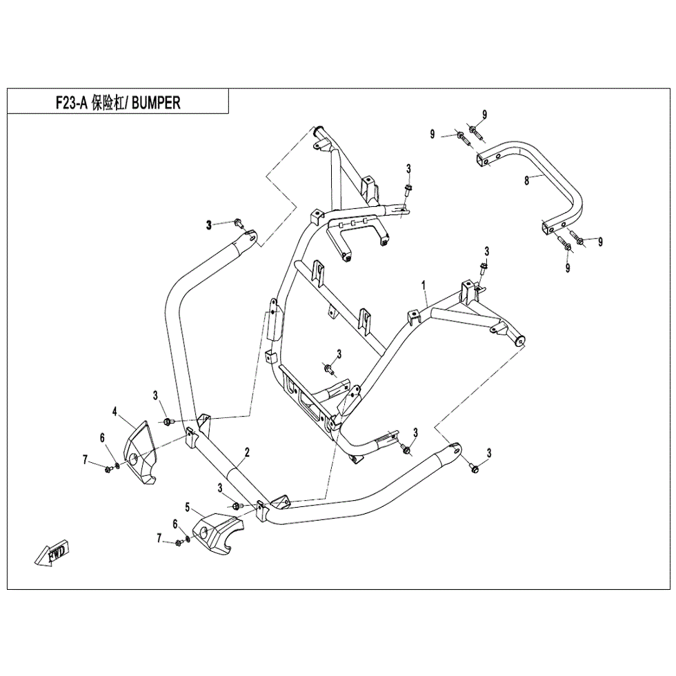 An Image of a genuine CFMOTO Parts Schematic Diagram showing the group - BUMPER - 2022 CFMOTO CFORCE 500 S