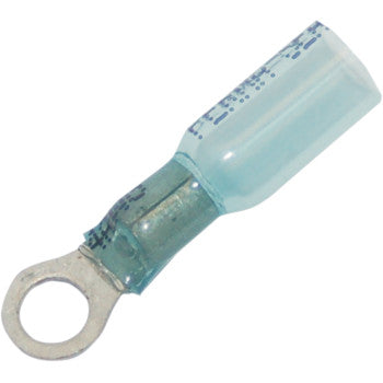 The Ring Terminals 16-14 Gauge #10 by Namz are blue PVC insulated connectors with a metal ring and translucent plastic sleeve, ideal for making secure, reliable electrical wiring connections.