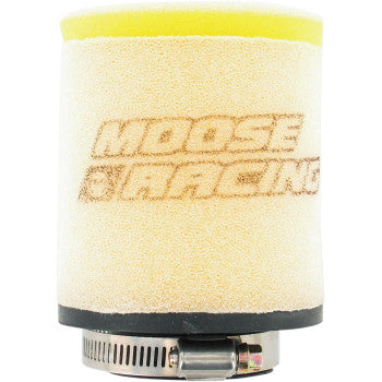 The Arctic Cat - Kymco Air Filter by Moose Offroad is a cylindrical two-layer foam filter with a yellow top, black base, Moose Racing logo, and a metal hose clamp for maximum protection.