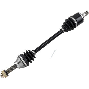 Black metal CV axle shaft with rubber protective boots and silver metal joints for ATV front left replacement.
