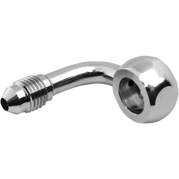 The Banjo Fitting 10 mm AN3 90° Chrome by Magnum Shielding features a threaded male connector and a round, hollow end. This chrome, elbow-shaped fitting is used with AN-3 fittings or as a rear brake switch block.