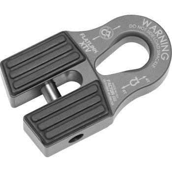 The Flat Link XTV Winch Shackle Mount Gray by Factor 55 is a metal shackle with a large oval opening, warning text, engraved instructions, black grooved pads, and a central pin for secure loading and towing.