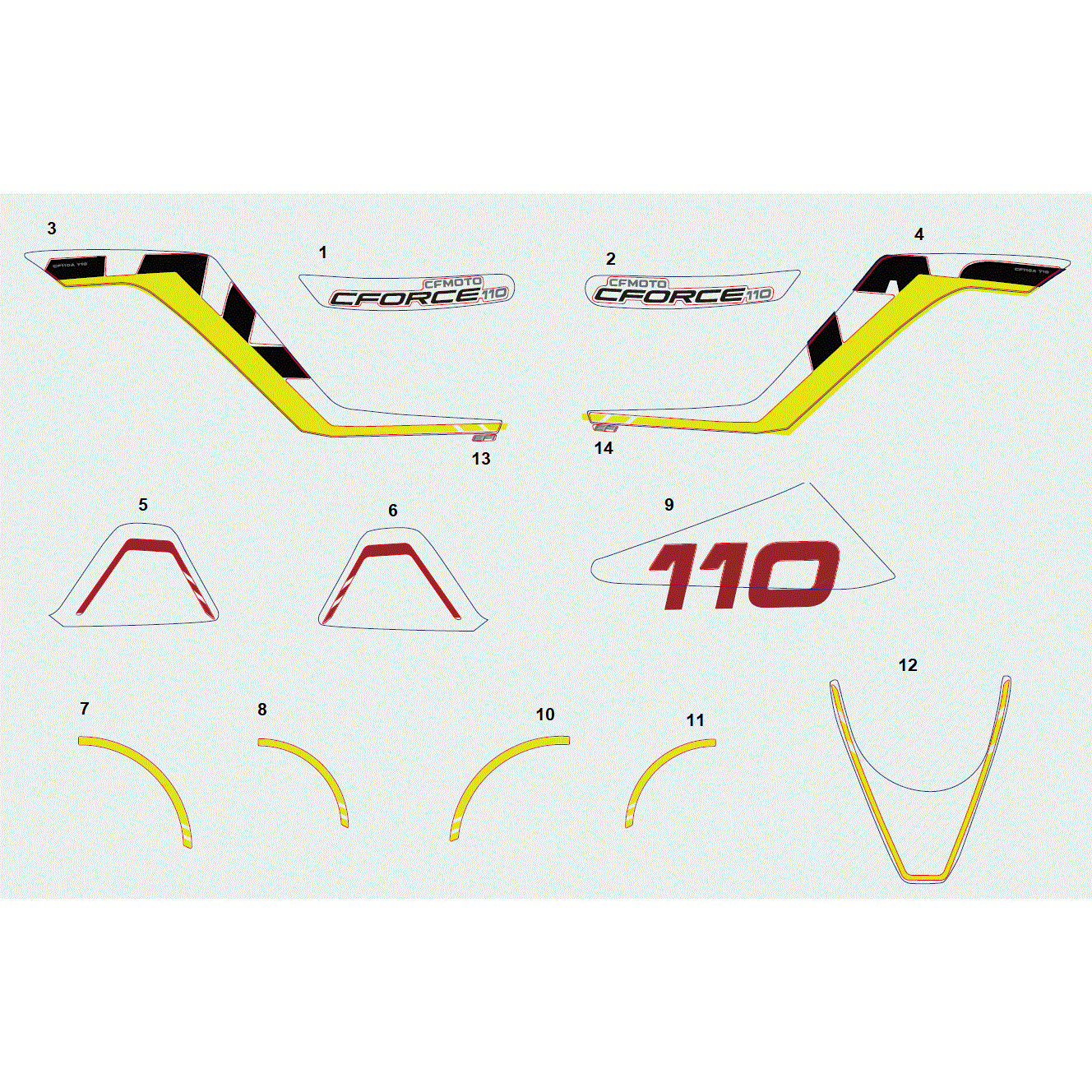 An Image of a genuine CFMOTO Parts Schematic Diagram showing the group - DECAL KIT (ROCKET RED) - 2023 CFMOTO CFORCE 110
