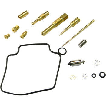 The Honda Carburetor Repair Kit by Shindy includes main and pilot jets, float valves, a needle, gaskets, O-rings, a spring, and small metal parts—all organized on a white background.