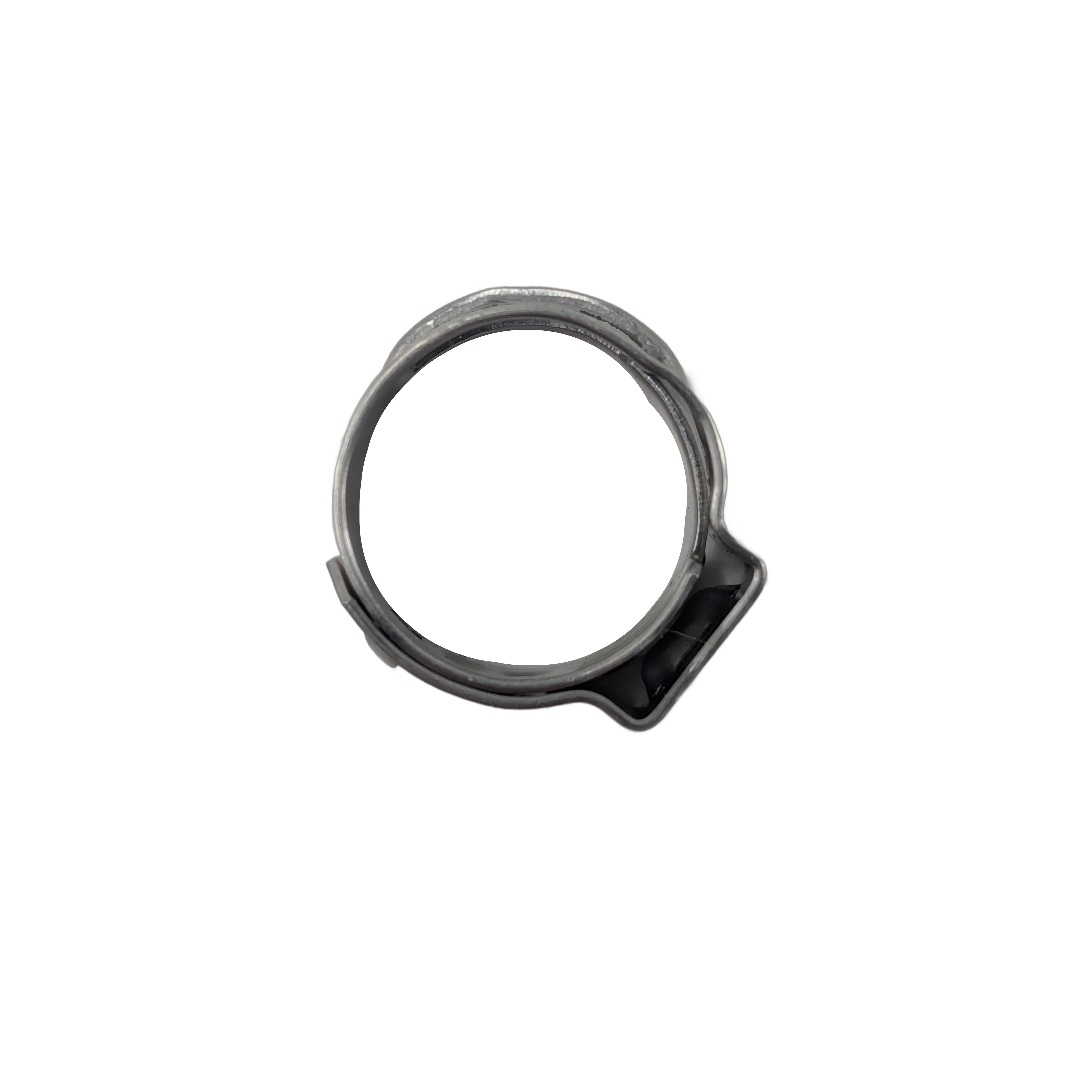 The Clamp F14.5A by CFMOTO is a circular metal hose clamp with a side tab, designed for secure fastening in ATV off-road parts, shown isolated on a white background.