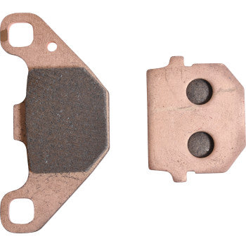 Two Sintered Brake Pads by All Balls are shown: one displays the dark friction surface, the other the back with two circular indents. Both have irregular shapes, mounting holes, and are built for long life and excellent stopping power.