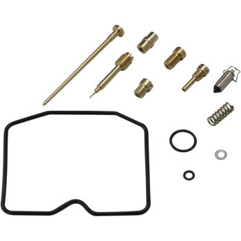 The Kawasaki Carburetor Repair Kit by Shindy includes float valves, jet needle sets, small brass jets, a needle, two springs, a metal pin, and multiple black rubber O-rings and gaskets displayed on a white background.