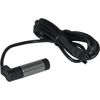 The Speed Sensor with 79 Cable by Koso North America is a black, universal, cylindrical sensor featuring a long coiled cable and a connector plug.