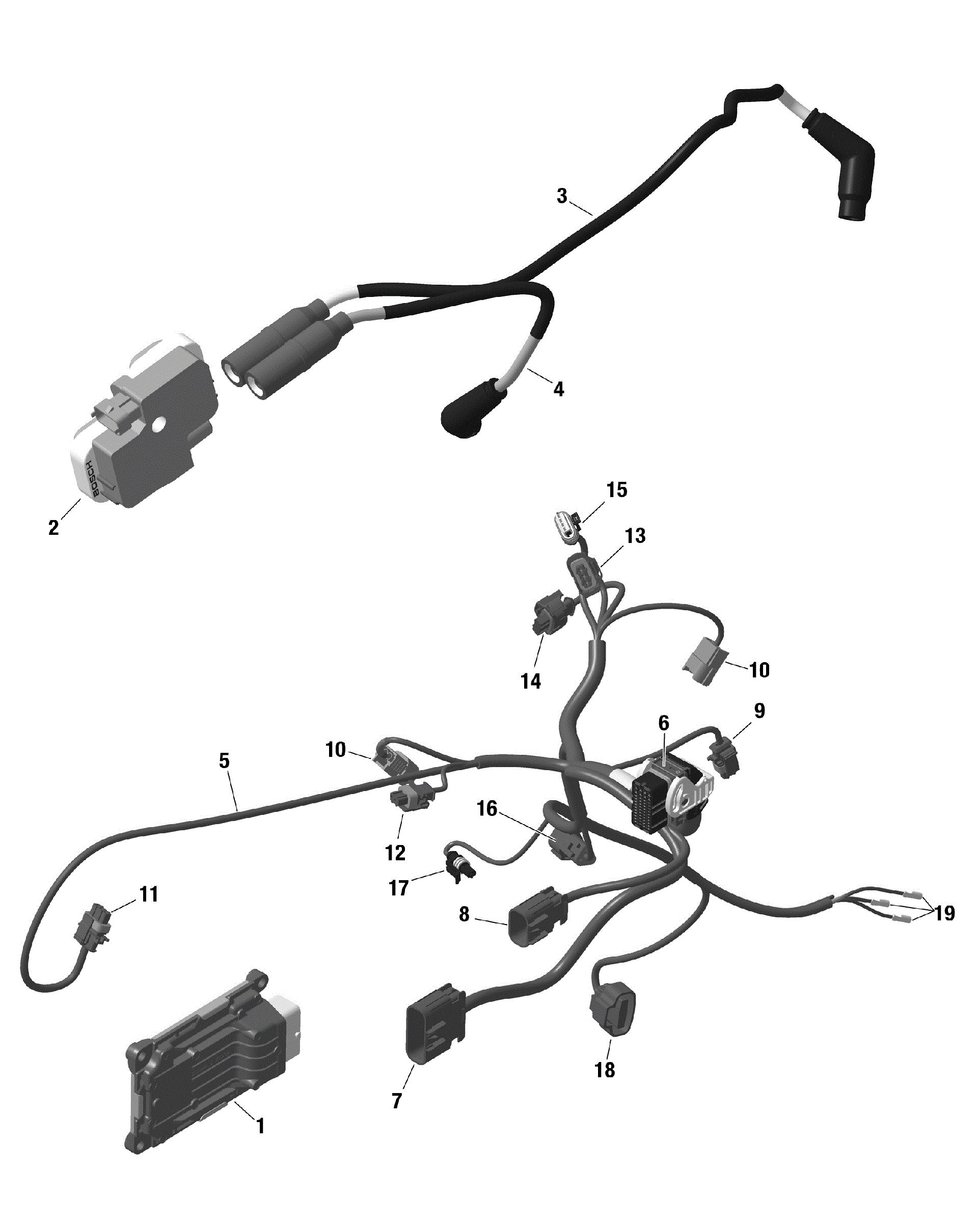 An Image of a Genuine Can-Am Parts Schematic Diagram showing the schematic - ROTAX - ENGINE HARNESS AND ELECTRONIC MODULE