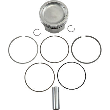 The Polaris Piston Kit 80.00 mm by Wiseco is displayed on a white background, featuring a performance piston, four piston rings, wrist pin, two circlips, and an oil control ring.
