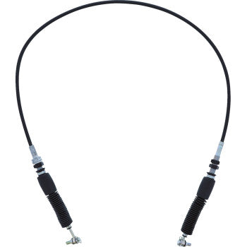 The Polaris General Shift Cable by All Balls is a flexible black PVC-jacketed cable with metal fittings and coiled springs on both ends, designed for use as a mechanical control or brake cable in vehicles or machinery.