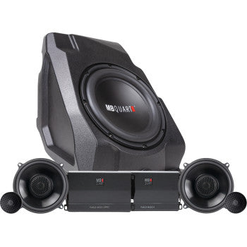 The Polaris RZR with Ride Command Audio Kit Stage 3 by MB Quart is displayed against a white background, featuring a large subwoofer in a black enclosure, two coaxial speakers, two tweeters, and two crossover units.