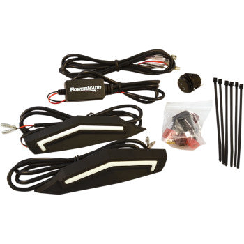 The Sentinel LED Hand Guards Light Kit by Powermadd includes two black LED strips, wiring, a switch, connectors, and zip ties—ideal for improving ATV or motorcycle visibility—displayed neatly on a white background.