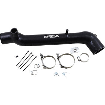 The Polaris Charge Tube Kit Black by Bikeman Performance features a black intake pipe with the Pinemad logo, silicone charge tube, t-clamps, screws, cable ties, and mounting hardware—offering lower boost temps for better performance.