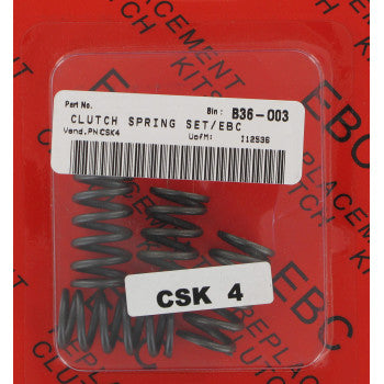 A plastic package of four Clutch Springs by Ebc, labeled "CLUTCH SPRING SET/EBC" and "CSK 4," designed for clutch plates, is shown on a red background with black text.